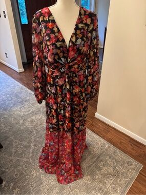 Vince Camuto Floral V-Neck Long Sleeve Maxi Dress in Black and Red. Beautiful!